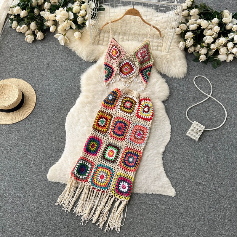 Sexy Black Diamonds Vacation 2pcs Set Women Two Piece Dress Party Sleeveless Short Tops + High Waist Split Skirt Female Suits Club Fashion 2024