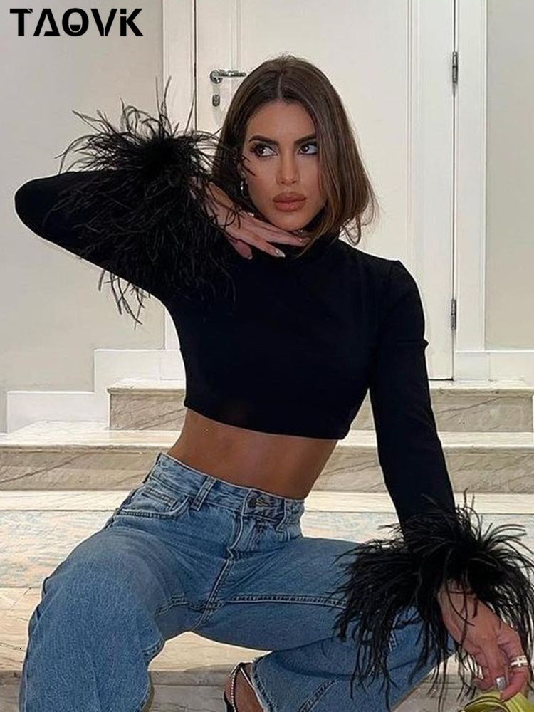Women's T-Shirt TAOVK Women's Basic Black T-shirts Ladies Turtleneck Crop Tops Fit Skinny Tops Long Sleeve Ostrich Feather Streetwear Outfit