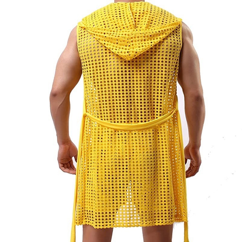 Men's Robes Men's Sexy Hooded Sleeveless Robes Bathrobes Mesh SeeThrough Lingerie Sleepwear Pajamas Male Hollow Out Beachwear Nightgown 2305