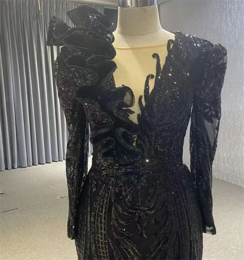 Black Girls Sequin Prom Dress 2023 Elegant Mermaid Long Sleeve Evening Dresses Lace Up Ruffles Formal Party Gowns Elegant Women Vestidos De Fiesta For