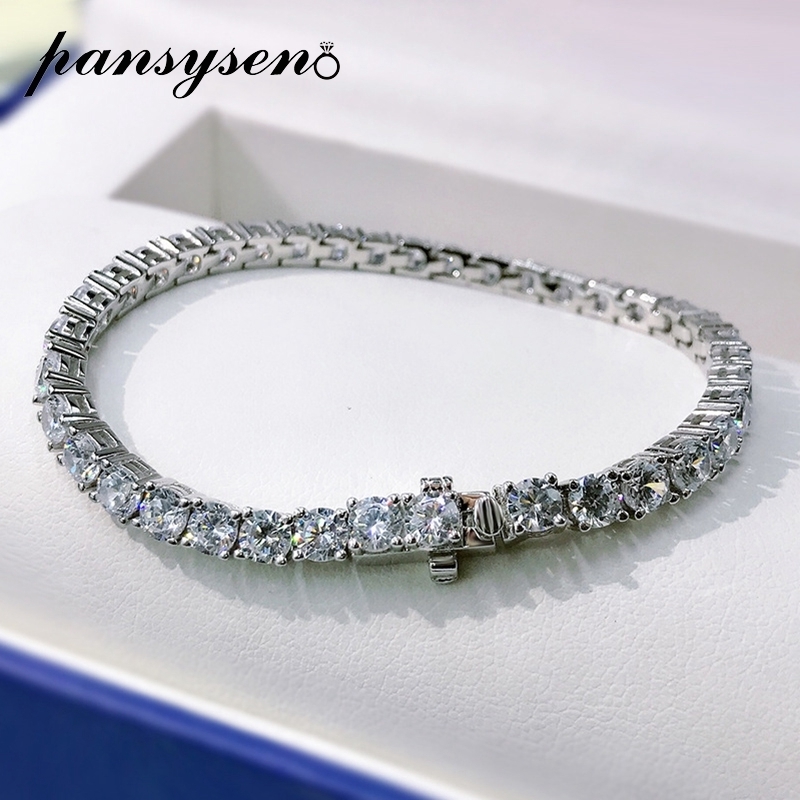 Chain PANSYSEN 100% 925 Sterling Silver 4MM Simulated Moist Diamond Charm Bracelet 18k White Gold Colorful Exquisite Jewelry Wholesale 230512