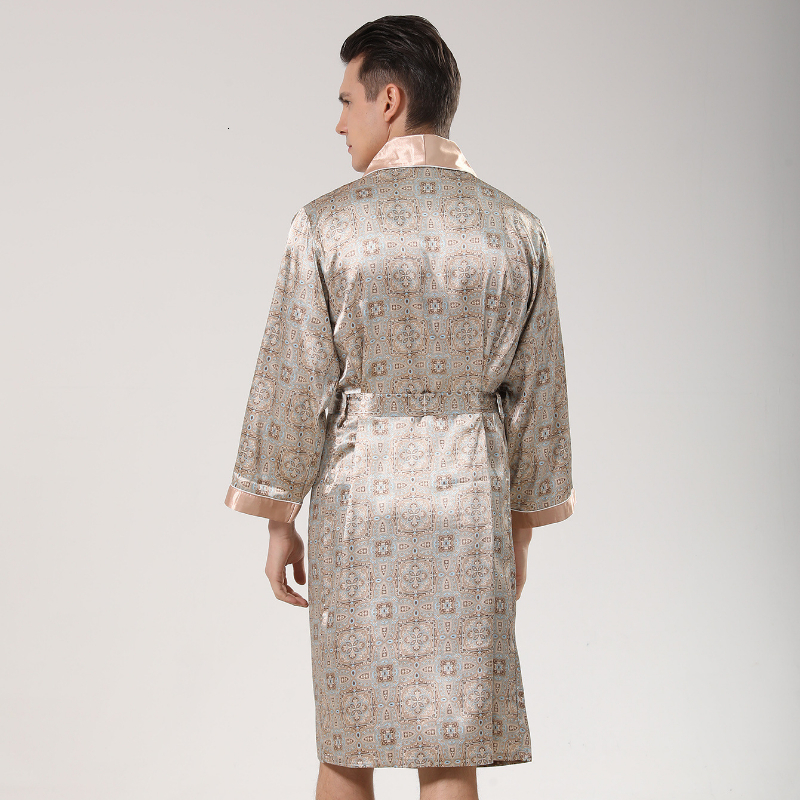 Men's Robes 5XL 4XL Men Robe Silk Bathrobe Soft Cozy Long Sleeve Nightgown OnePiece Kimono Men Bath Gown Printed Robes Home Satin Sleepwear 23051