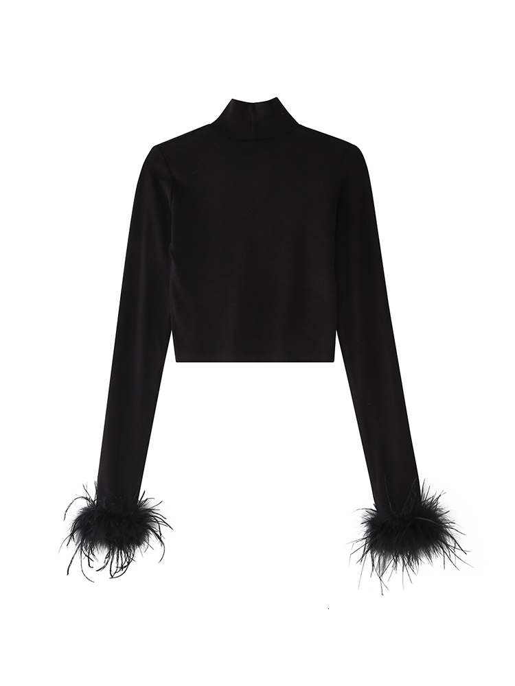 Women's T-Shirt TAOVK Women's Basic Black T-shirts Ladies Turtleneck Crop Tops Fit Skinny Tops Long Sleeve Ostrich Feather Streetwear Outfit