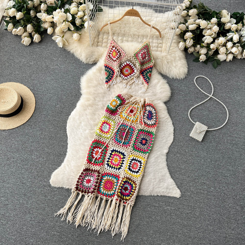 Sexy Black Diamonds Vacation 2pcs Set Women Two Piece Dress Party Sleeveless Short Tops + High Waist Split Skirt Female Suits Club Fashion 2024