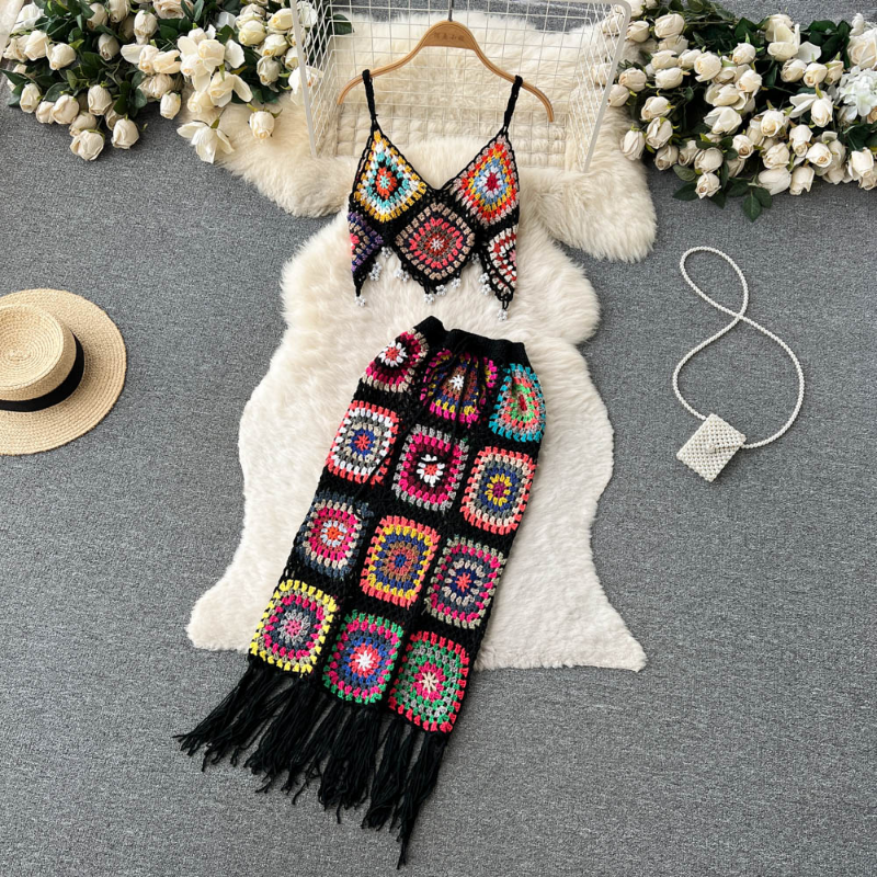 Sexy Black Diamonds Vacation 2pcs Set Women Two Piece Dress Party Sleeveless Short Tops + High Waist Split Skirt Female Suits Club Fashion 2024