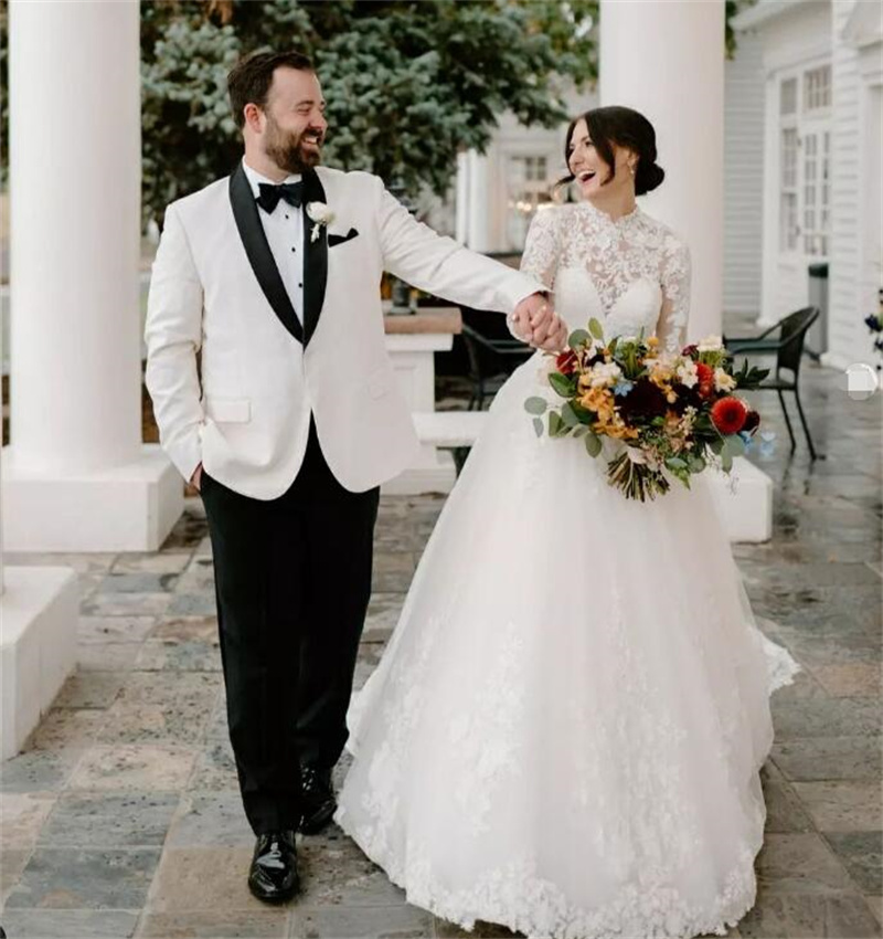 High Neck Lace Princess Wedding Dress 2023 Elegant Long Sleeve Garden Church Wedding Gowns A Line Tulle Open Back Boho Bride White vestidos de novia r