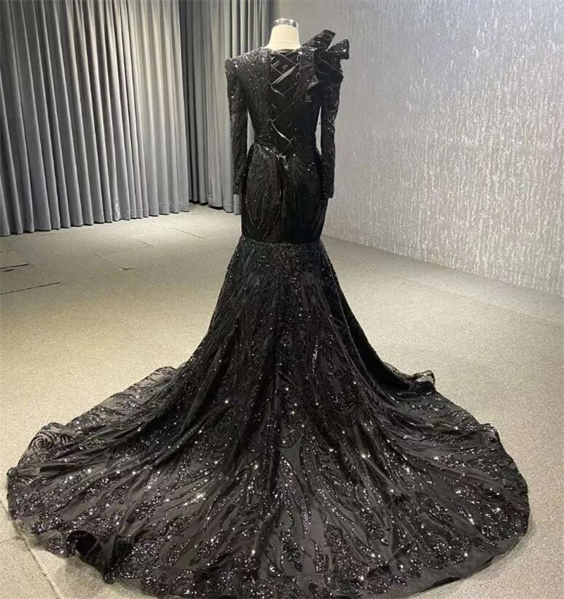 Black Girls Sequin Prom Dress 2023 Elegant Mermaid Long Sleeve Evening Dresses Lace Up Ruffles Formal Party Gowns Elegant Women Vestidos De Fiesta For