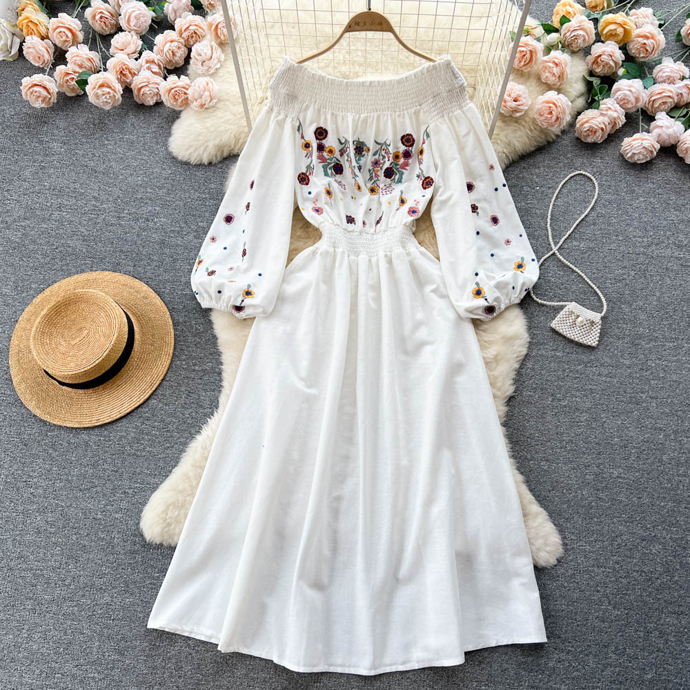 Casual Dresses Slash Neck A-line Dress Women Spring Summer Embroidery Elastic Waist Long Sleeve Solid Color Casual Clothes Vestidos 2023