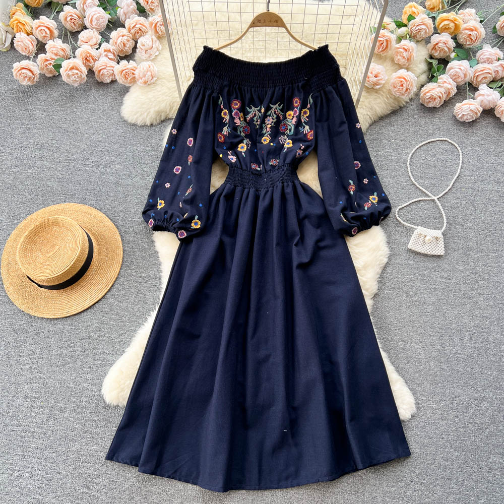 Casual Dresses Slash Neck A-line Dress Women Spring Summer Embroidery Elastic Waist Long Sleeve Solid Color Casual Clothes Vestidos 2023