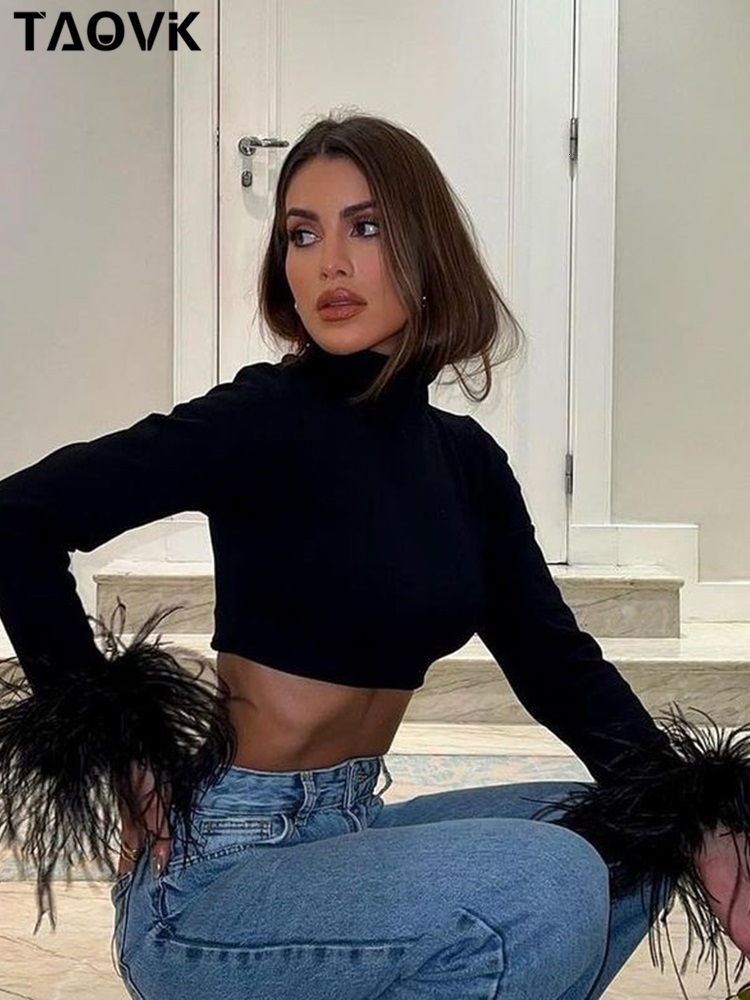 Women's T-Shirt TAOVK Women's Basic Black T-shirts Ladies Turtleneck Crop Tops Fit Skinny Tops Long Sleeve Ostrich Feather Streetwear Outfit