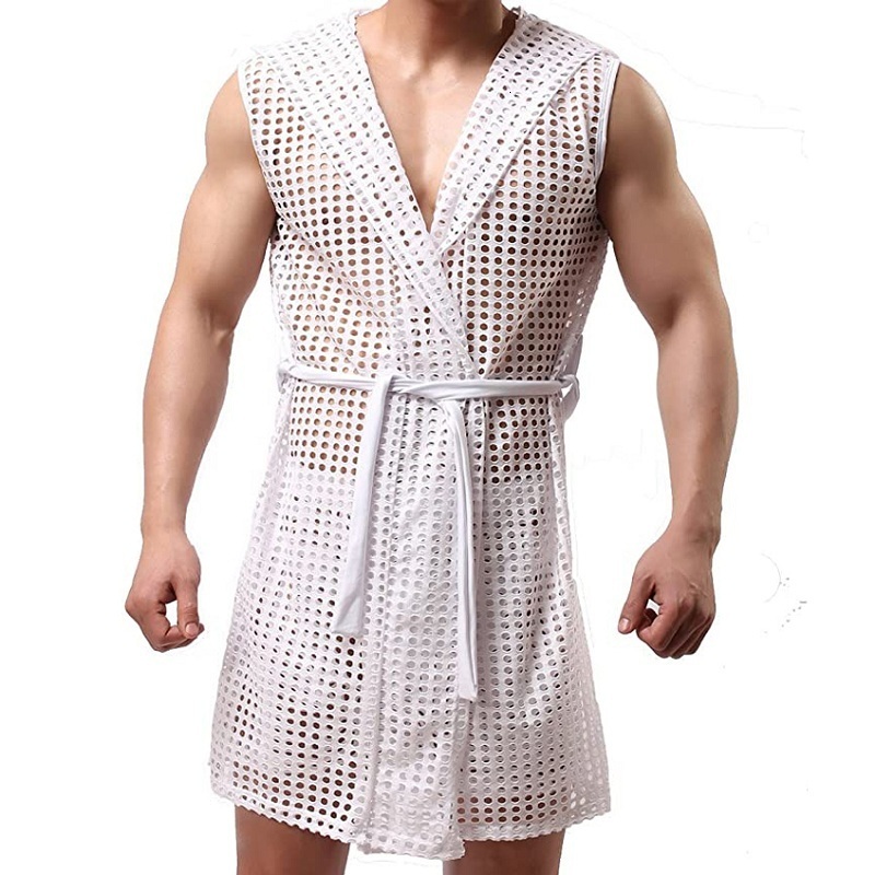 Men's Robes Men's Sexy Hooded Sleeveless Robes Bathrobes Mesh SeeThrough Lingerie Sleepwear Pajamas Male Hollow Out Beachwear Nightgown 2305
