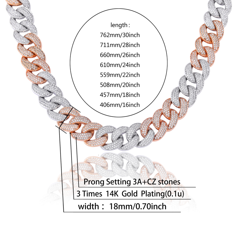 Pendant Necklaces TOPGRILLZ 18MM Maimi Cuban Chain Necklace Rose Gold and Silver Colored Iced Cubic Zircon Hip Hop Jewelry Gift 230512