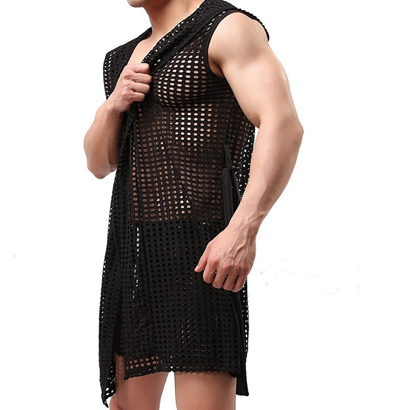 Men's Robes Men's Sexy Hooded Sleeveless Robes Bathrobes Mesh SeeThrough Lingerie Sleepwear Pajamas Male Hollow Out Beachwear Nightgown 2305