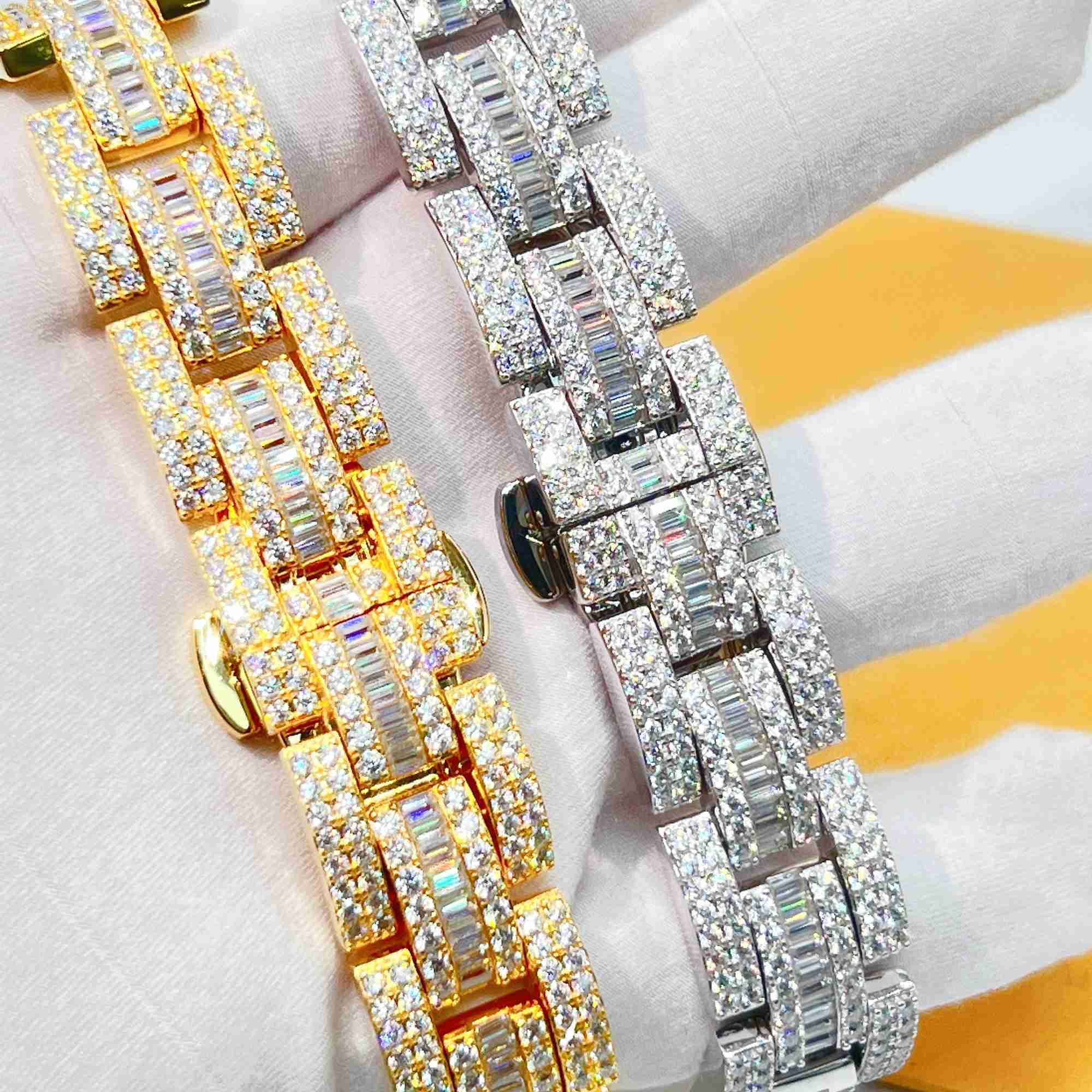 Ready to Ship Fashion New Desgin Vvs Moissanite Baguette Cut Mens Brand Watch Miami Cuban Chain Link Bracelet