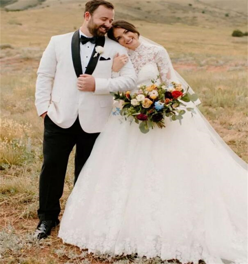 High Neck Lace Princess Wedding Dress 2023 Elegant Long Sleeve Garden Church Wedding Gowns A Line Tulle Open Back Boho Bride White vestidos de novia r