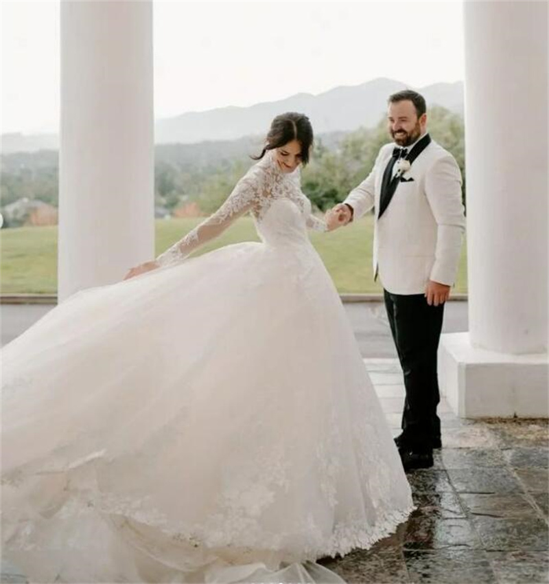 High Neck Lace Princess Wedding Dress 2023 Elegant Long Sleeve Garden Church Wedding Gowns A Line Tulle Open Back Boho Bride White vestidos de novia r