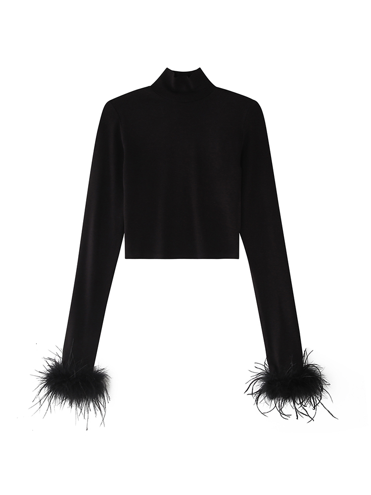 Women's T-Shirt TAOVK Women's Basic Black T-shirts Ladies Turtleneck Crop Tops Fit Skinny Tops Long Sleeve Ostrich Feather Streetwear Outfit