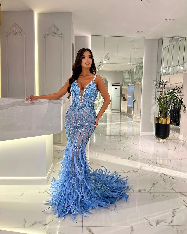 2023 May Aso Ebi Crystals Mermaid Prom Dress Feather Sequined Lace Evening Formal Party Second Reception Birthday Engagement Gowns Dresses Robe De Soi