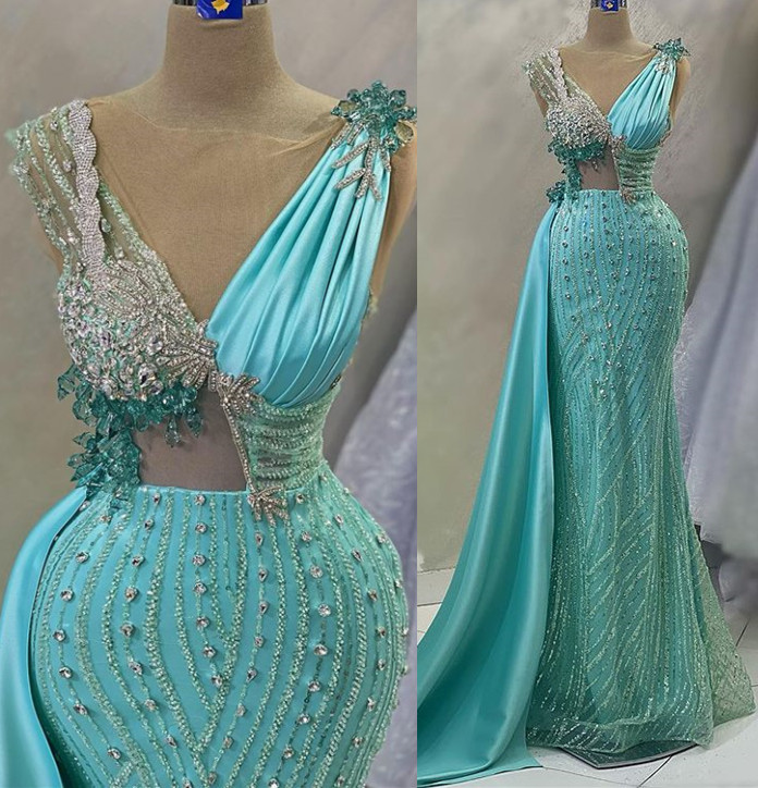 Aso Ebi 2023 Arabic Beaded Crystals Prom Dress Mermaid Sequined Lace Evening Formal Party Second Reception Birthday Engagement Gowns Dresses Robe de S
