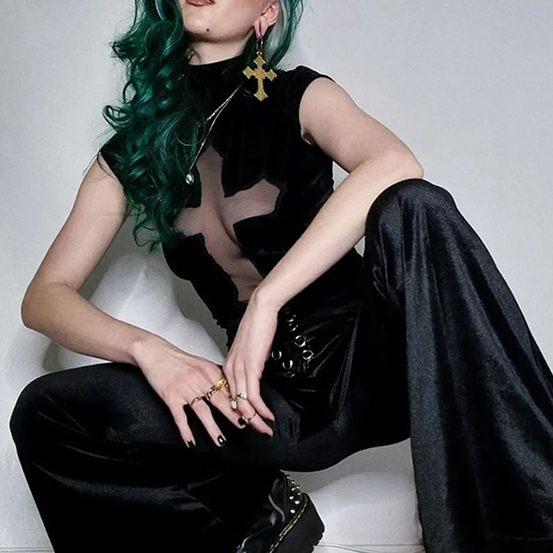 Women's T-Shirt Goth Dark Cross Sheer Mall Gothic Women T-shirts Grunge Aesthetic Punk Sexy Emo Black Top Streetwear Fashion Alternative Clothes 