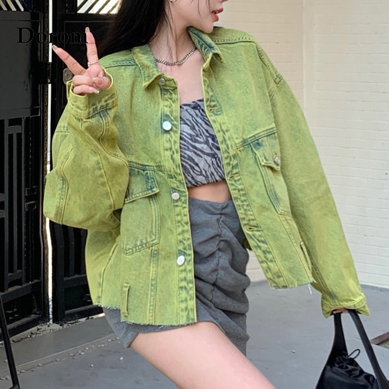 Women's Jackets Fashion Green Denim Jacket Harajuku Long Sleeve Vintage Casual Jacket Female Tops Spring Autumn Street Loose Hip Hop Jeans Coat 2