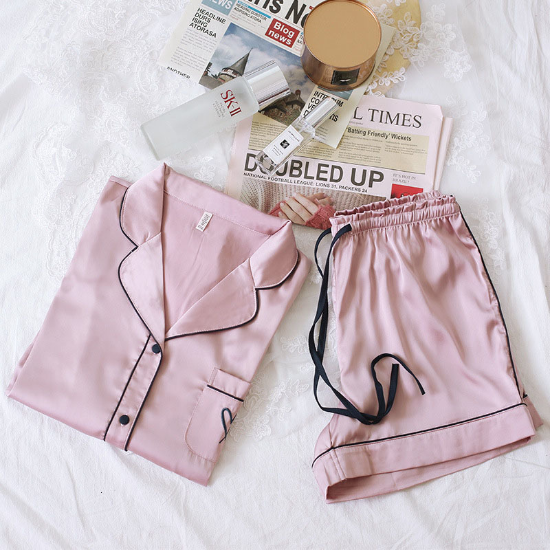 Women's Sleepwear Two Piece Set Satin Silk Pajamas for Women Heart Embroidery Sleepwear Home Suit Elegant Summer Short Loungewear Home Clothes 23