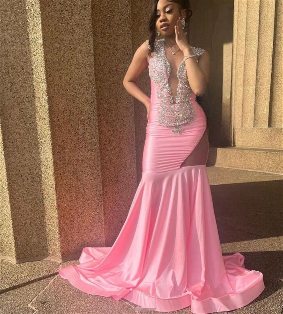 New In Pink Prom Dress 2023 With Beaded Elegant Plus Size Mermaid Evening Gowns Black Girl Formal Occasion Night Party Dress Nigeria African Ceremony 