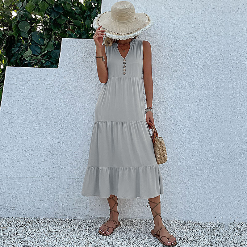 Casual Sleeveless Tank Dress Women Summer V Neck Buttons Ruffle Midi Dresses 2023 Elegant Fashion Beach Loose Sundress