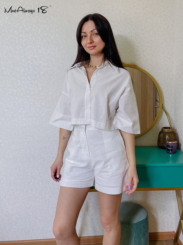 Women's Two Piece Pants Mnealways18 White Cotton Linen Shorts Sets 2-Piece Street Outfits Short Sleeve Shirt And Wide Leg Shorts Summer Ladies Su