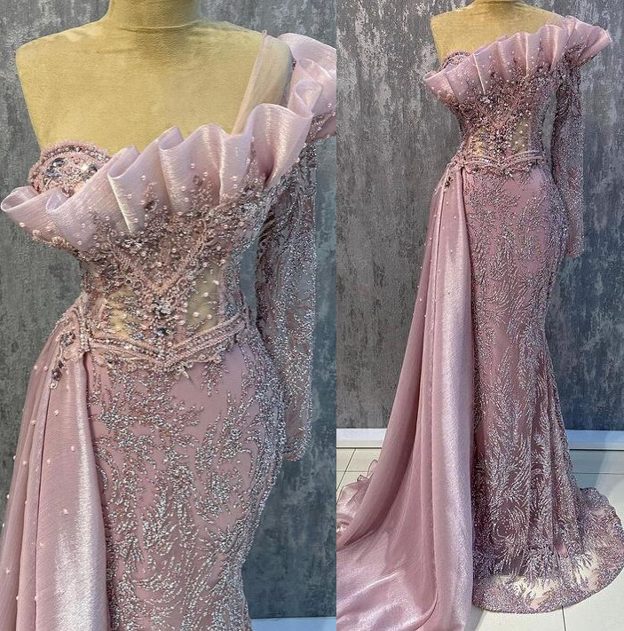 2023 May Aso Ebi Pink Mermaid Prom Dresss Beaded Crystals Evening Formal Party Second Reception Birthday Engagement Gowns Dress Robe De Soiree ZJ279