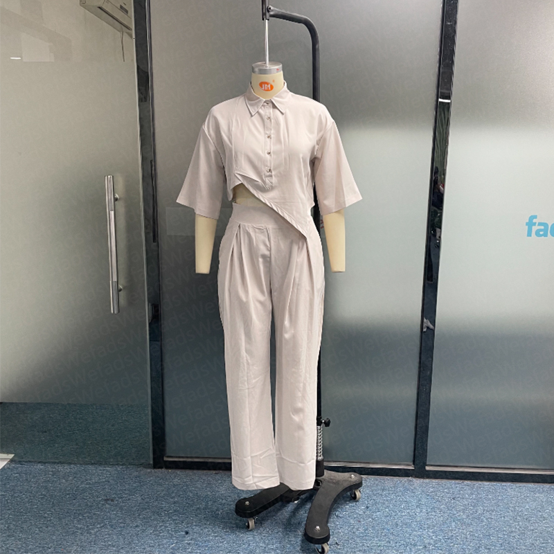Women's Two Piece Pants Wefads Women Two Piece Set Casual Lapel Solid Single Breast Half Sleeve Irregular Top Loose Pleated Pants Sets High Stree