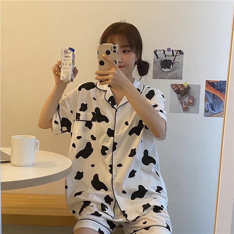 Women's Sleepwear Pijamas Women Pyjamas Cute Cow Print Pajamas Casual Comfortable Homewear 2 Piece Set Sleepwear Female Summer Drop 230515
