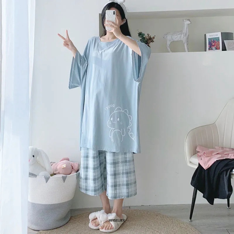 Women's Sleepwear Large Size 6XL 150KG Summer Women Pajamas Set O Neck Short Sleeve Tops and Calf-length pants Black Sweet Sleepwear Pajamas Suit