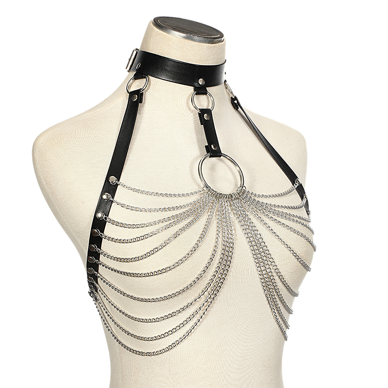 Waist Chain Belts Gothic Sexy Leather Body Strap Chain Bra Top Chest Belt Witch Gothic Punk Fashion Metal Girls Holiday Jewelry Accessories 230512