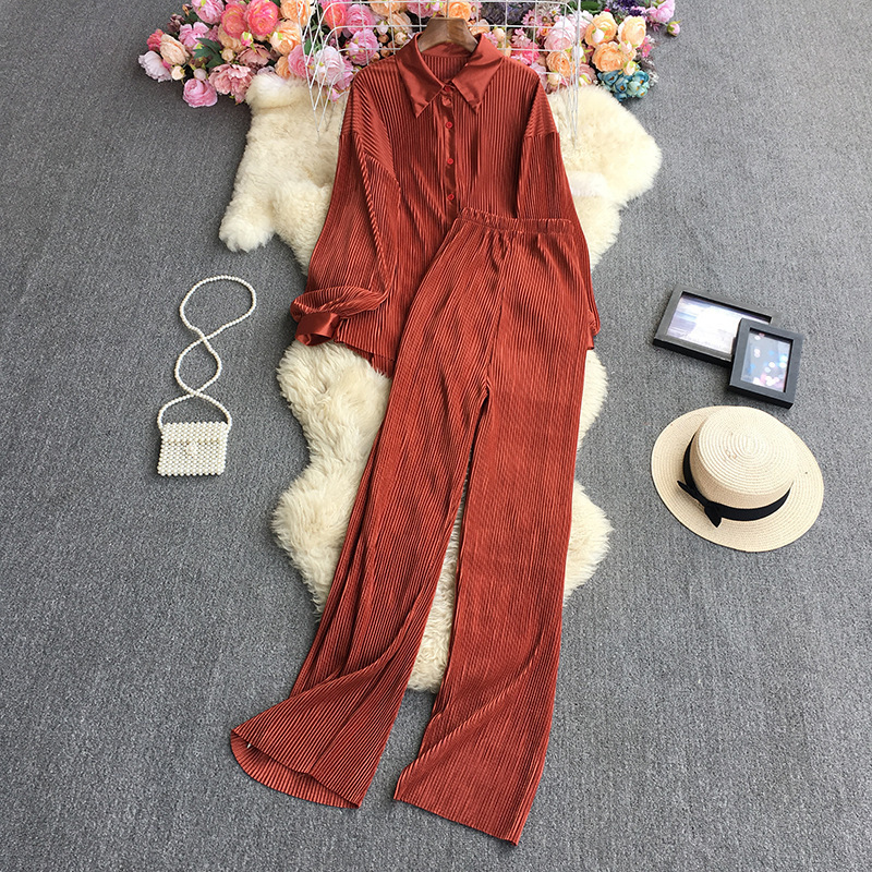 Women's Two Piece Pants Casual Women Elegant Pleated Two Piece Set Long Sleeve Shirt And Wide Leg Pant Suits Loose Office Lady Outfits Autumn