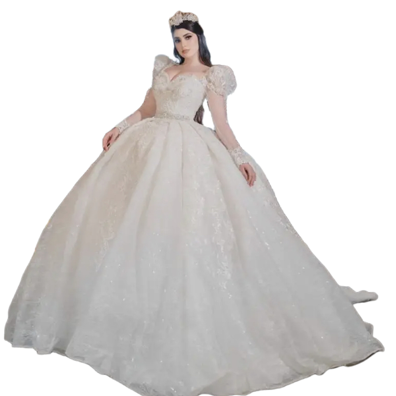 Cathedral Train Dubai Luxury Wedding Dresses With Puff Long Sleeves Lace Appliques Ball Gown Robe De Mariage Detachable Overskirt Princess Bridal Dres