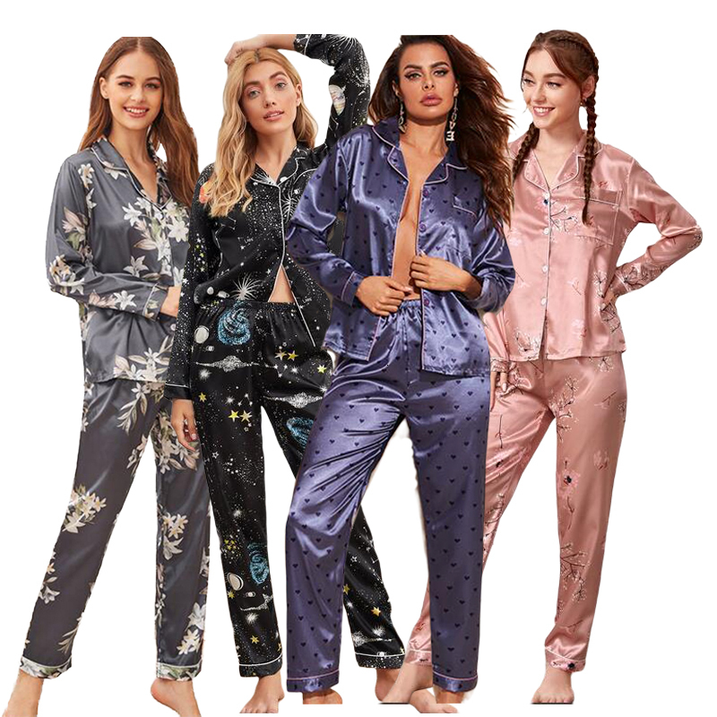 Women's Sleepwear Spring Summer pajama women Silk Satin pajamas set Long sleeve Shirt with Trouser Sleepwear Loungewear Female Pyjamas Suits Muje