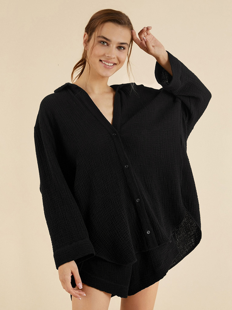 Women's Sleepwear Linad Loose Women's Nightwear Cotton V Neck Long Sleeve Pajamas 2 Piece Sets Female Casual Suits With Shorts Solid Sleepwe