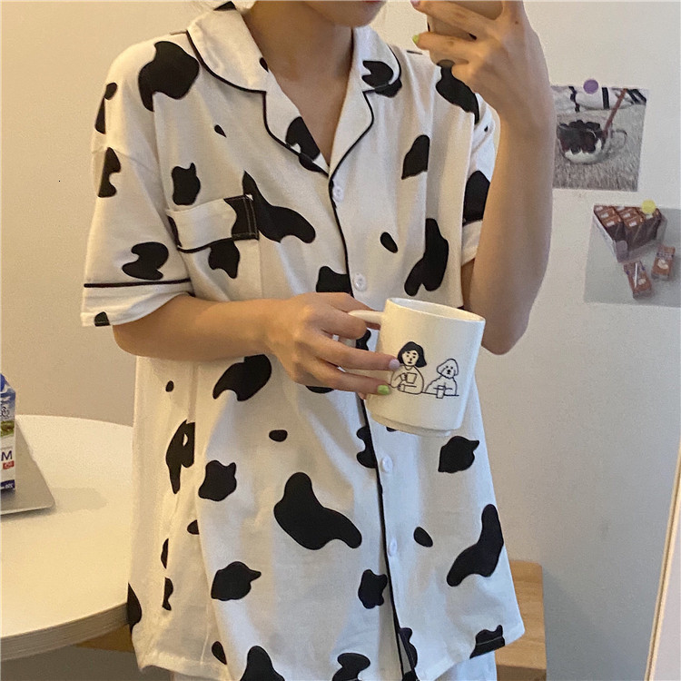 Women's Sleepwear Pijamas Women Pyjamas Cute Cow Print Pajamas Casual Comfortable Homewear 2 Piece Set Sleepwear Female Summer Drop 230515