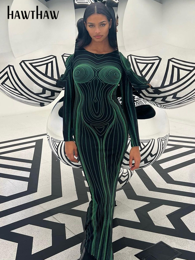 Party Dresses Hawthaw Women Fashion Long Sleeve Bodycon Streetwear Party Club Green Long Dress Fall Clothing Wholesale Items For Business 230515
