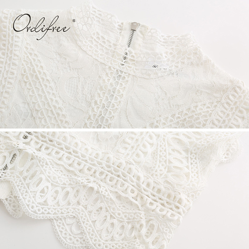 Women's Blouses Shirts Ordifree Summer White Lace Blouse Top Short Sexy Sleeveless Lace Crochet Female Blouse Shirt 230512