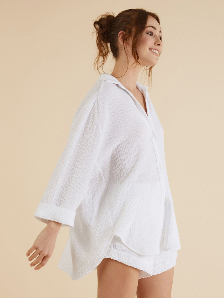 Women's Sleepwear Linad Loose Women's Nightwear Cotton V Neck Long Sleeve Pajamas 2 Piece Sets Female Casual Suits With Shorts Solid Sleepwe