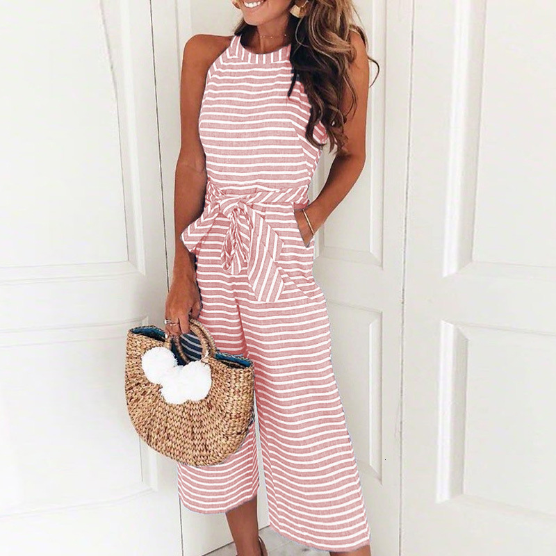 Women's Jumpsuits Rompers NEDEINS Women Stripe Jumpsuit Summer Printed O-neck Bandage Sleeveless Long Wide Leg Pants jumpsuit overalls 230512