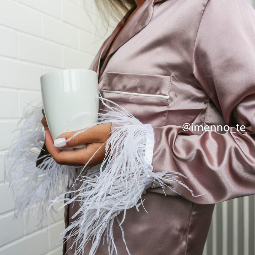 Women's Sleepwear Pajamas For Women 2 Piece Set Feathers Long Sleeve Turn Down Collar Sleepwear Autumn Casual Night Suits With Shorts Satin 23051