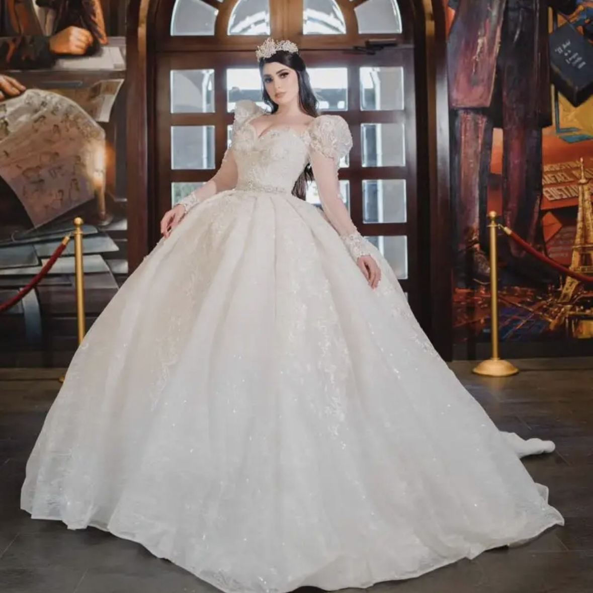 Cathedral Train Dubai Luxury Wedding Dresses With Puff Long Sleeves Lace Appliques Ball Gown Robe De Mariage Detachable Overskirt Princess Bridal Dres