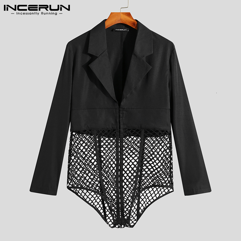 Men's Suits Blazers Men's Sexy Leisure Jumpsuits Male Long Sleeved Breathable Mesh Patchwork Suits Shirt Jumpsuits S-5XL INCERUN Tops 230515