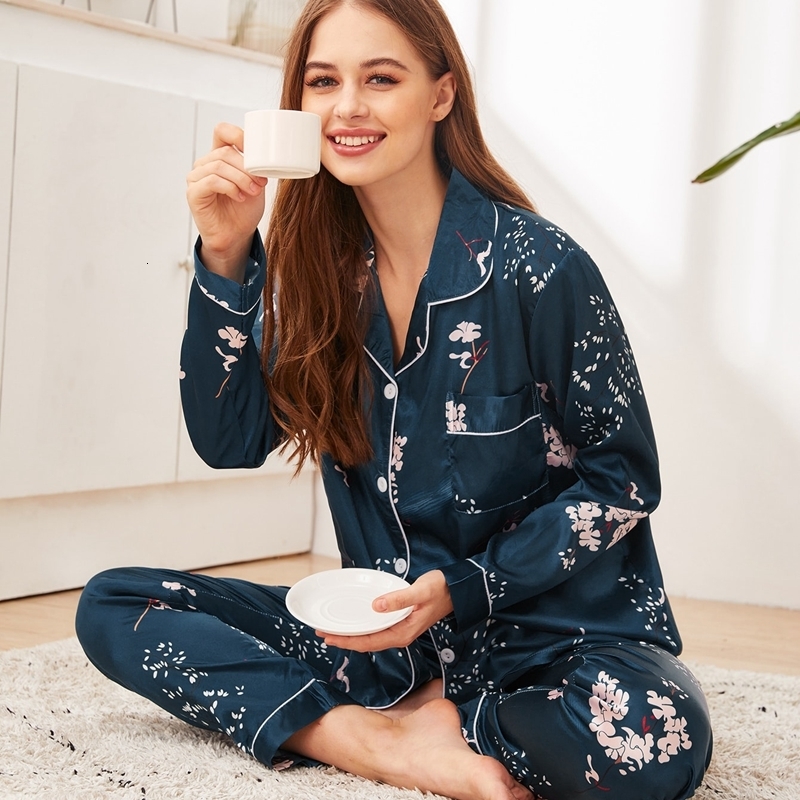 Women's Sleepwear Spring Summer pajama women Silk Satin pajamas set Long sleeve Shirt with Trouser Sleepwear Loungewear Female Pyjamas Suits Muje
