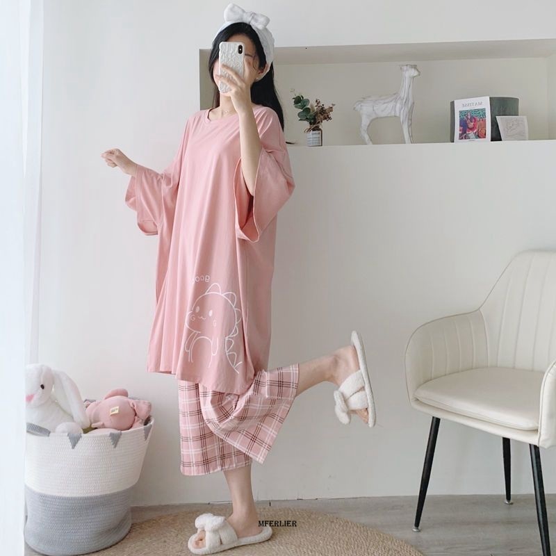 Women's Sleepwear Large Size 6XL 150KG Summer Women Pajamas Set O Neck Short Sleeve Tops and Calf-length pants Black Sweet Sleepwear Pajamas Suit