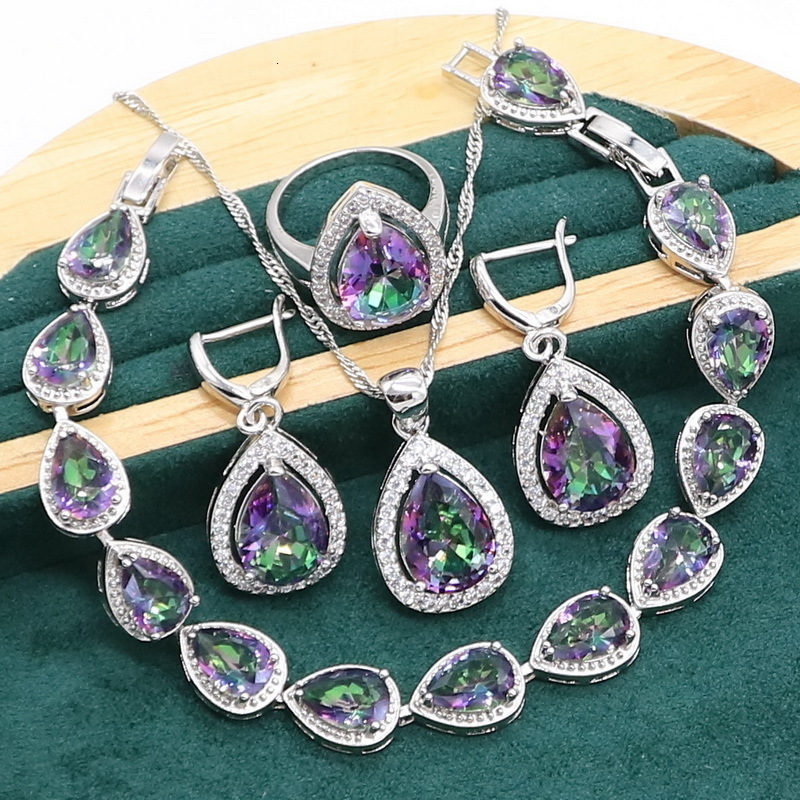 Wedding Jewelry Sets Water Drop Rainbow Topaz 925 Silver Wedding Jewelry set for Women Party Bracelet Earrings Necklace pendant Ring 230512