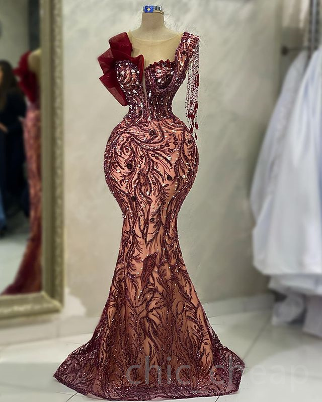 2023 May Aso Ebi Burgundy Mermaid Prom Dress Beaded Crystals Sexy Evening Formal Party Second Reception Birthday Engagement Gowns Dress Robe De Soiree